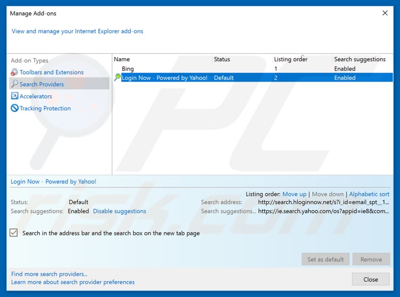 Removing search.hloginnow.net from Internet Explorer default search engine