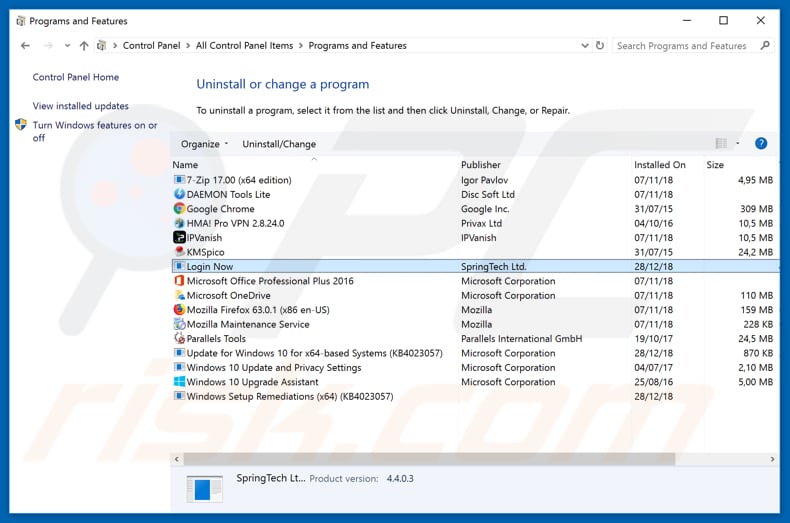 search.hloginnow.net browser hijacker uninstall via Control Panel