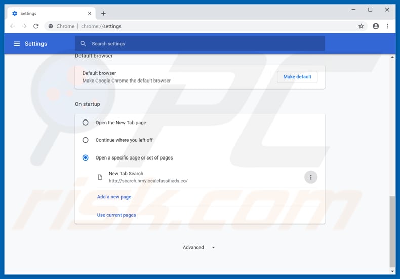 Removing search.hmylocalclassifieds.co from Google Chrome homepage