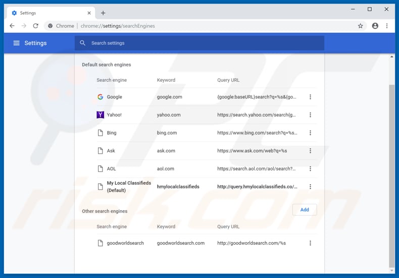 Removing search.hmylocalclassifieds.co from Google Chrome default search engine