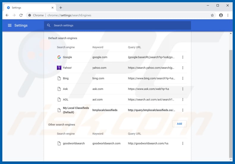 Removing search.hmylocalclassifieds.co from Google Chrome default search engine
