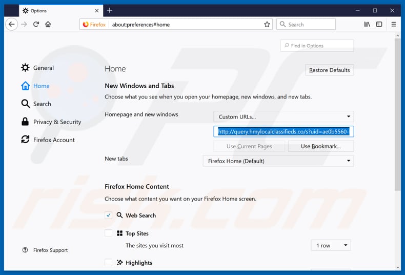 Removing search.hmylocalclassifieds.co from Mozilla Firefox homepage