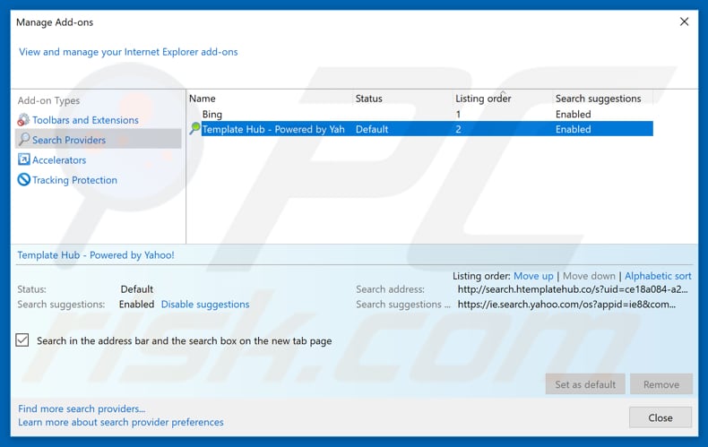 Removing search.htemplatehub.co from Internet Explorer default search engine