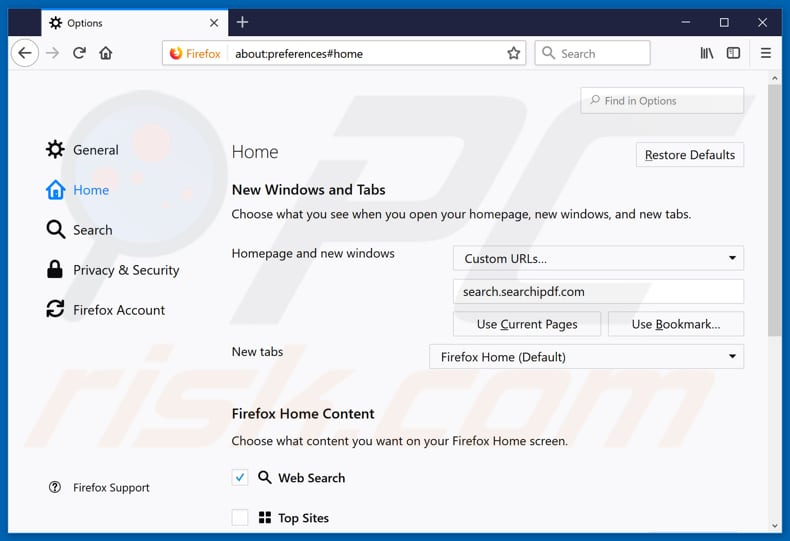 Removing Search.searchipfd.com from Mozilla Firefox homepage