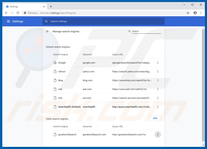 Removing search.searchipdf2.com from Google Chrome default search engine