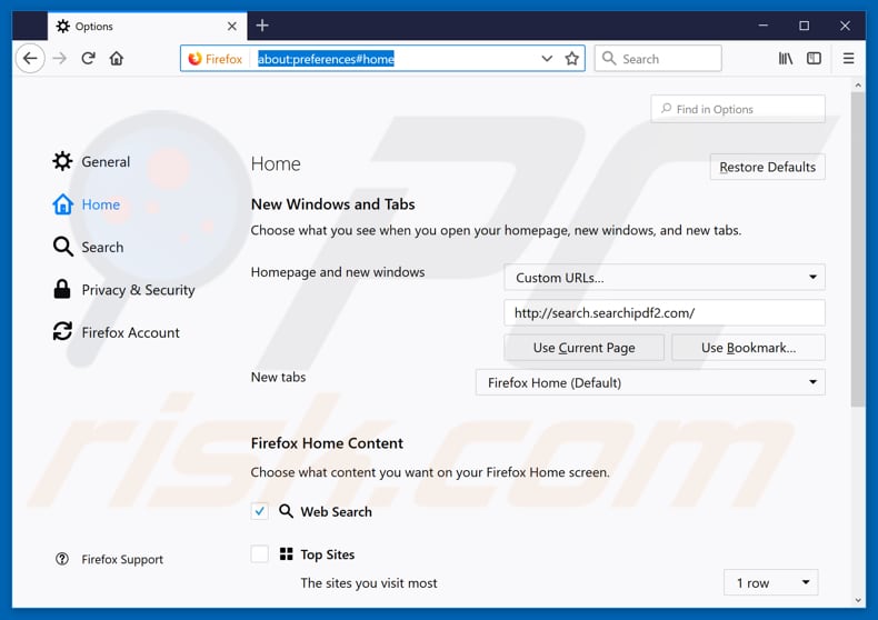 Removing search.searchipdf2.com from Mozilla Firefox homepage