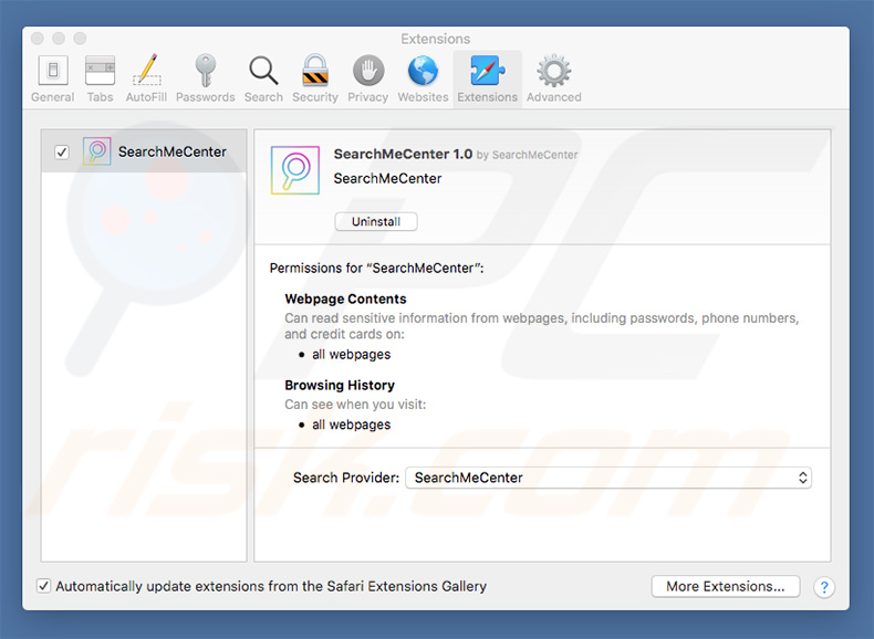 SearchMeCenter browser hijacker in Safari