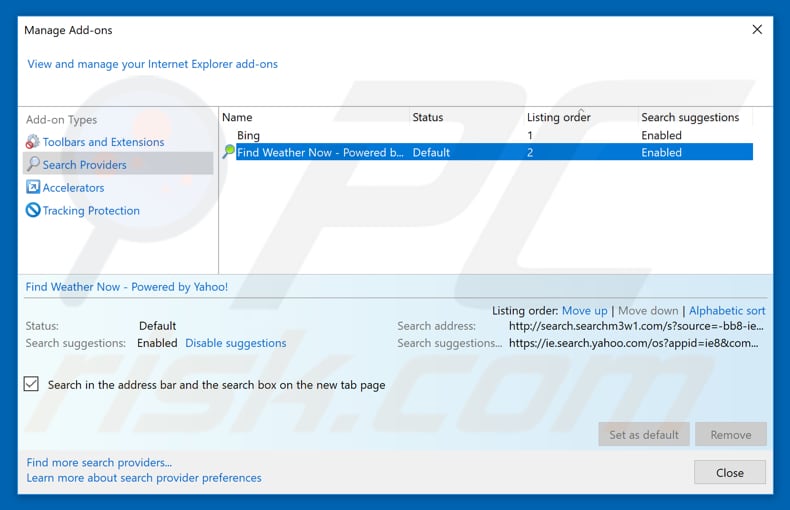 Removing search.searchm3w1.com from Internet Explorer default search engine