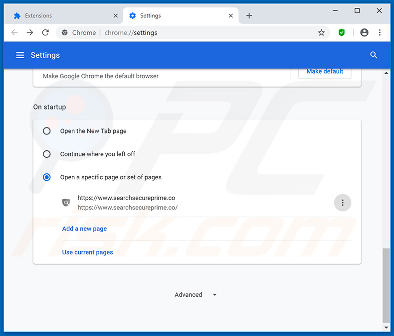 Removing searchsecureprime.co from Google Chrome homepage