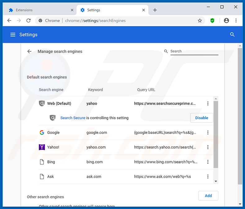 Removing searchsecureprime.co from Google Chrome default search engine