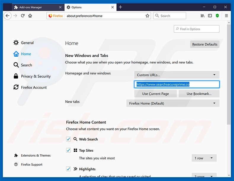 Removing searchsecureprime.co from Mozilla Firefox homepage