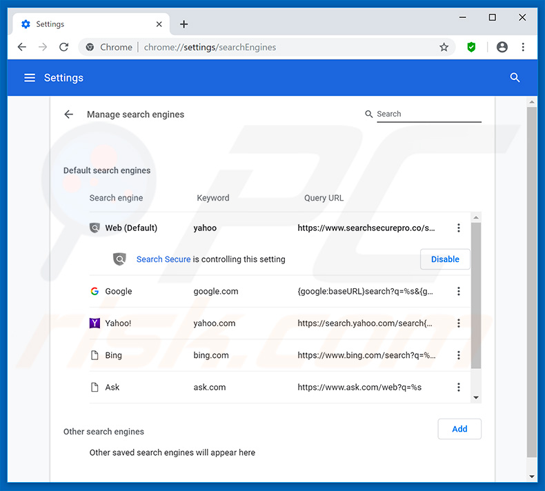 Removing searchsecurepro.co from Google Chrome default search engine