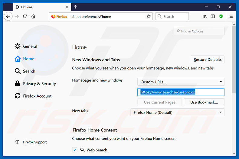 Removing searchsecurepro.co from Mozilla Firefox homepage