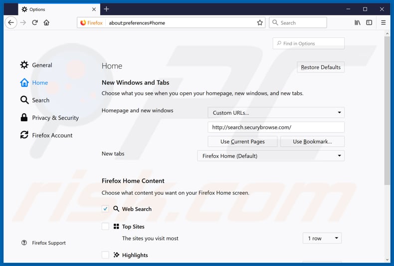 Removing search.securybrowse.com from Mozilla Firefox homepage