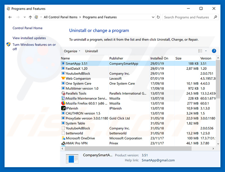 SmartApp adware uninstall via Control Panel