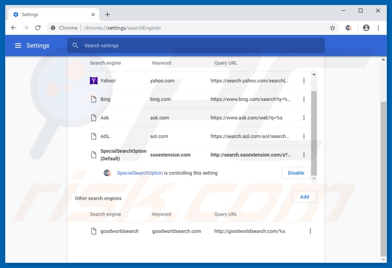 Removing search.ssoextension.com from Google Chrome default search engine
