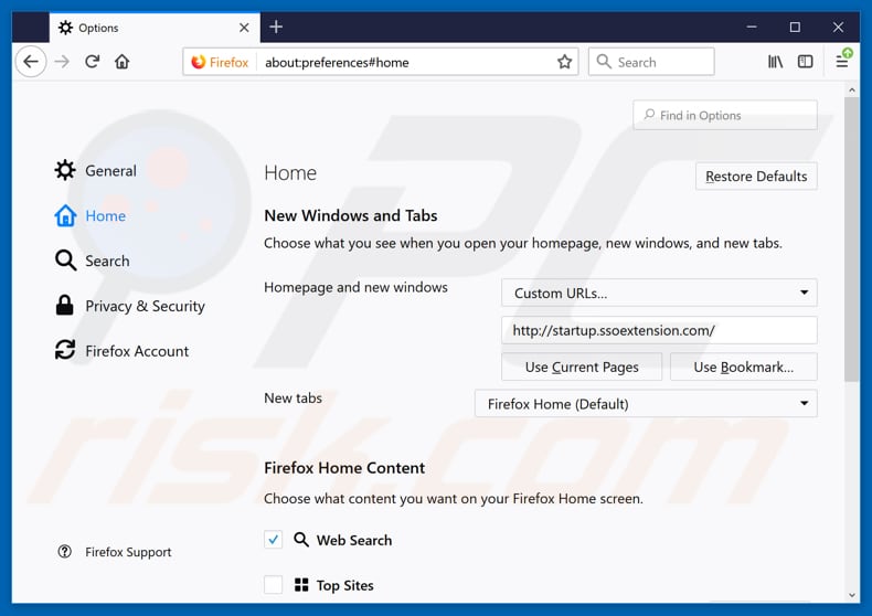 Removing search.ssoextension.com from Mozilla Firefox homepage