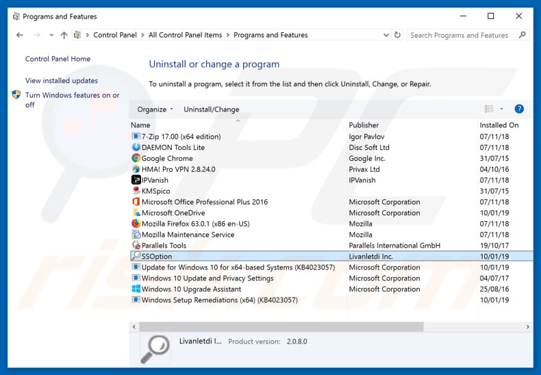 search.ssoextension.com browser hijacker uninstall via Control Panel