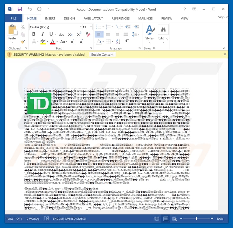 Malicious attachment distributed through TD Bank Email Virus spam campaign