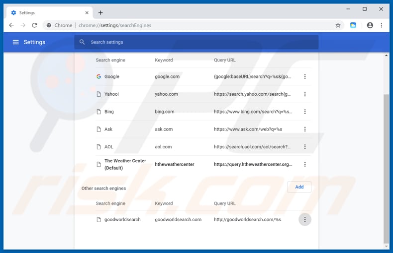 Removing search.htheweathercenter.org from Google Chrome default search engine