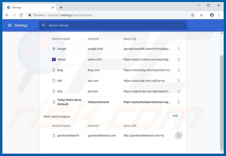 Removing search.htodayonlinenews.org from Google Chrome default search engine