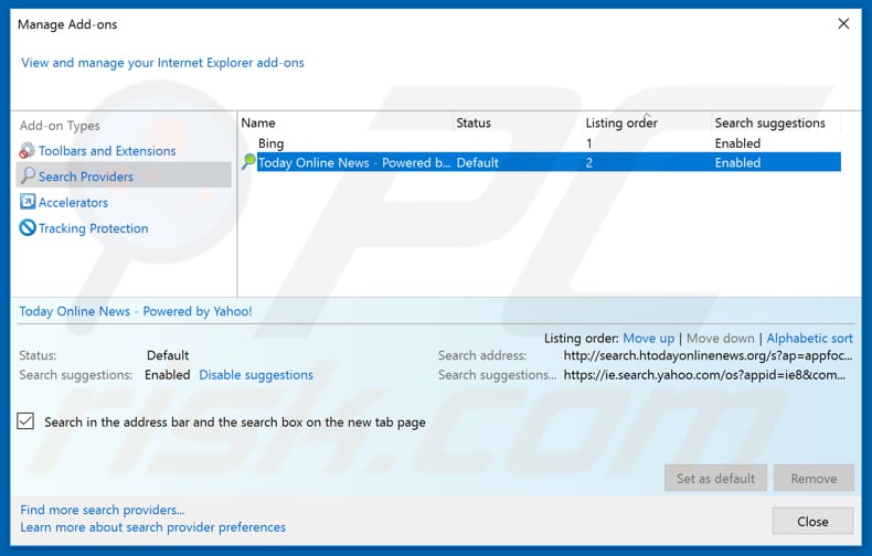Removing search.htodayonlinenews.org from Internet Explorer default search engine