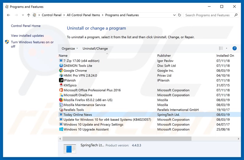 search.htodayonlinenews.org browser hijacker uninstall via Control Panel