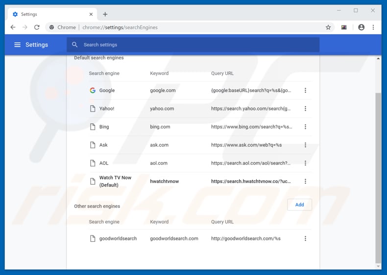 Removing search.hwatchtvnow.co from Google Chrome default search engine