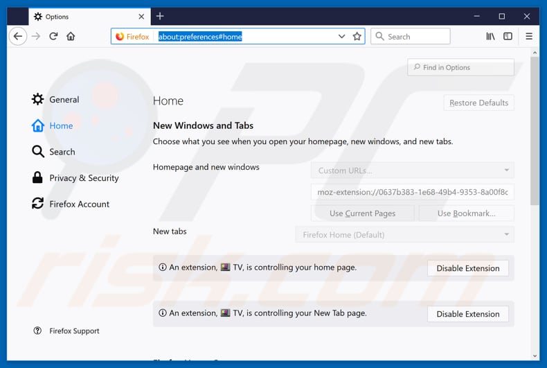 Removing search.hwatchtvnow.co from Mozilla Firefox homepage