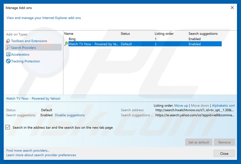 Removing search.hwatchtvnow.co from Internet Explorer default search engine