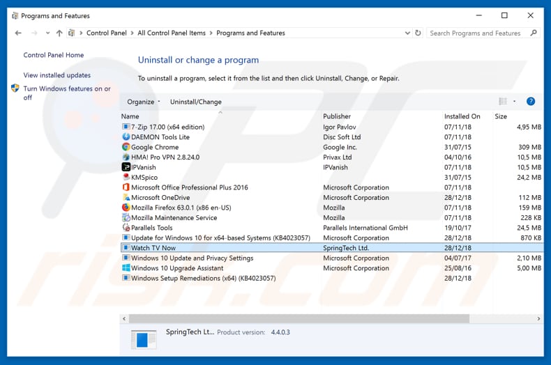 search.hwatchtvnow.co browser hijacker uninstall via Control Panel