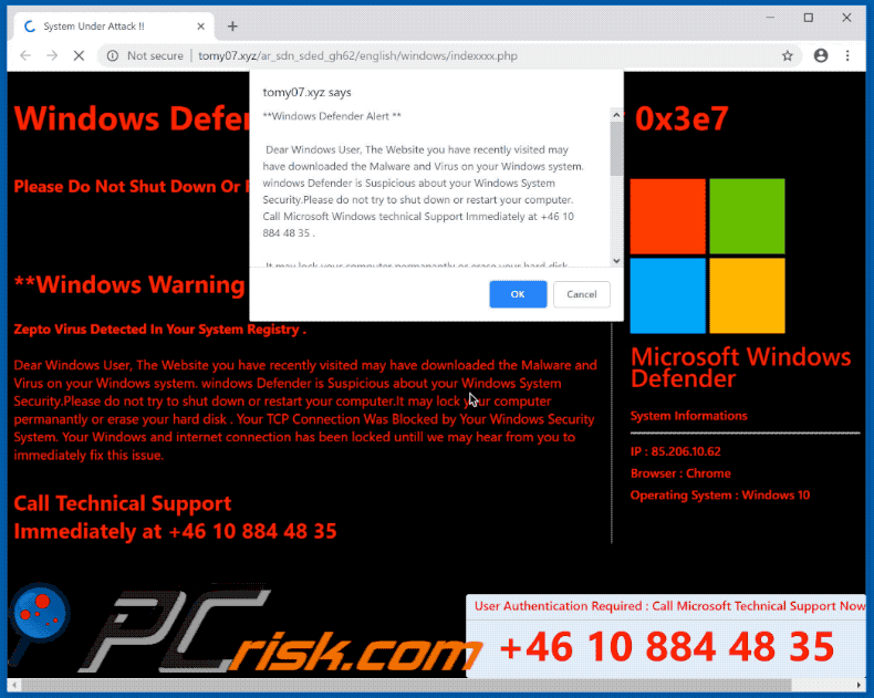 Windows Defender Alert (0x3e7) scam gif