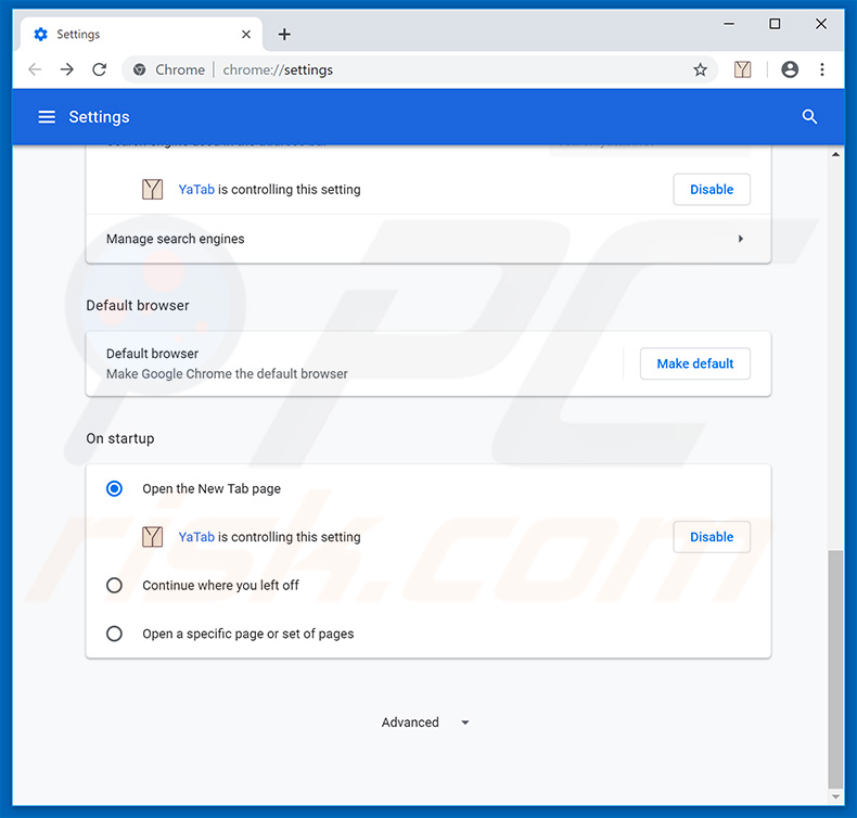 Removing yatab.net from Google Chrome homepage