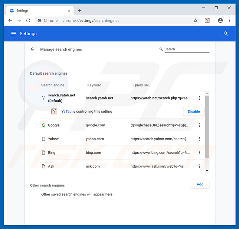 Removing yatab.net from Google Chrome default search engine