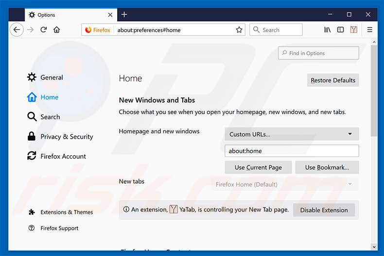 Removing yatab.net from Mozilla Firefox homepage