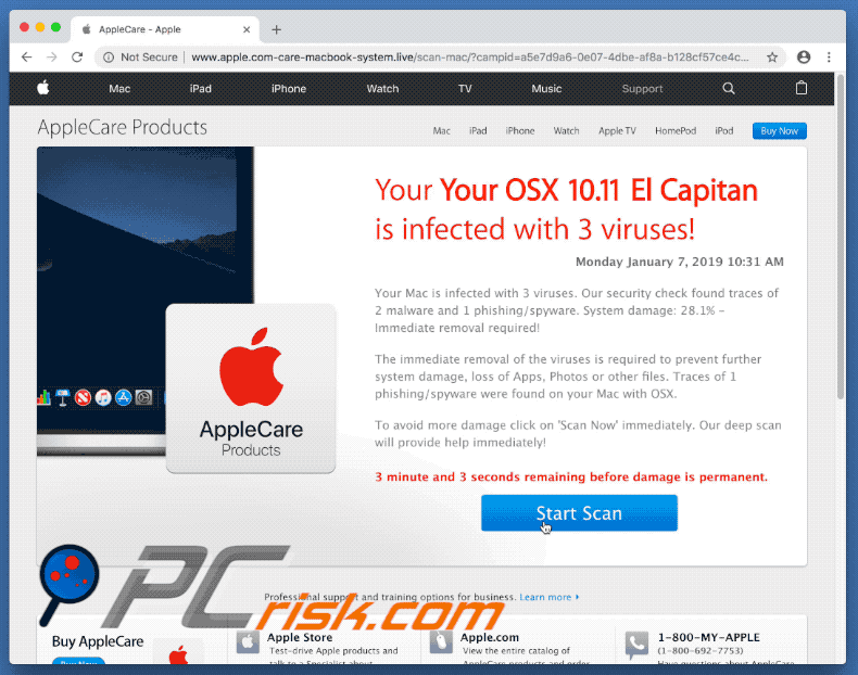 Appearance of Your OSX 10.11 El Capitan Is Infected With 3 Viruses! scam (GIF)
