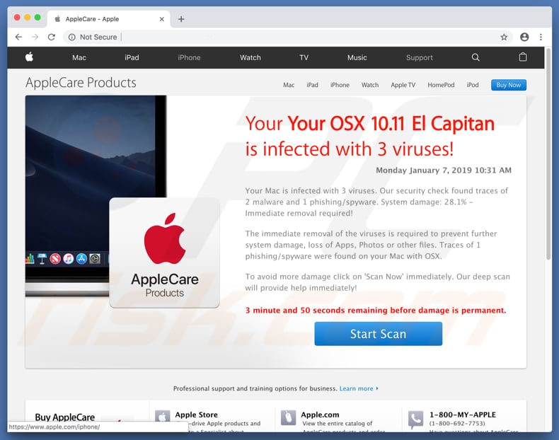 deceptive website promoting Your OSX 10.11 El Capitan Is Infected With 3 Viruses! scam