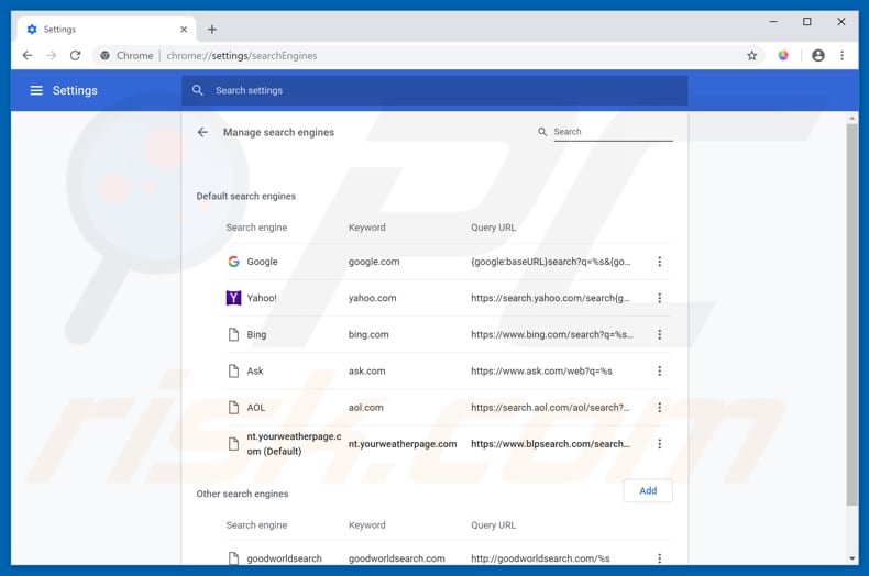 Removing yourweatherpage.com from Google Chrome default search engine