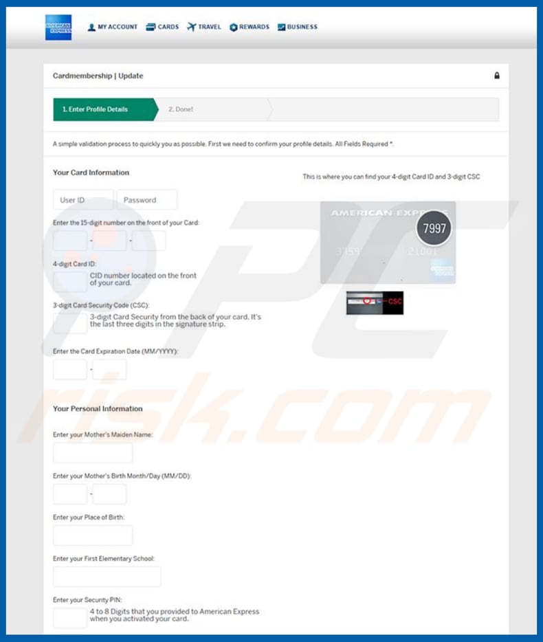 fake AMEX website asking to enter personal details
