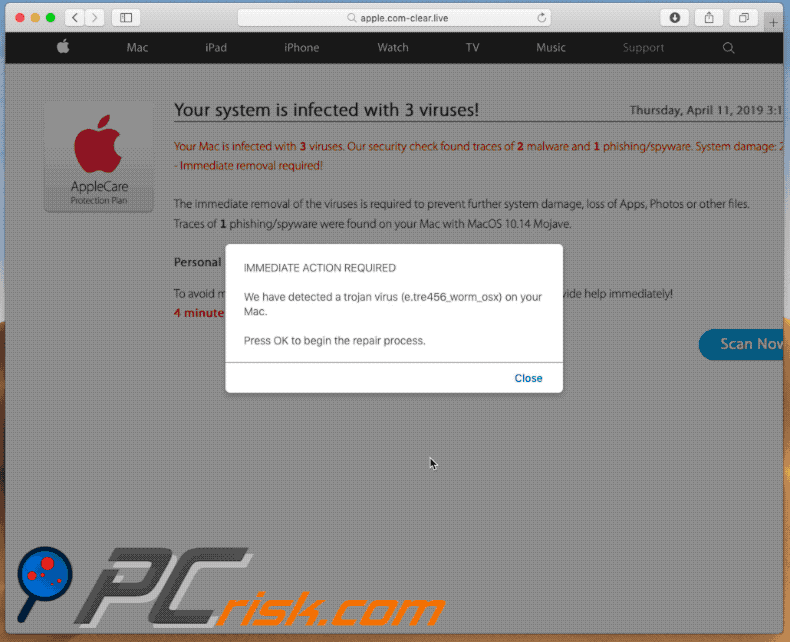 Appearance of apple.com-clear[.]live scam (GIF)