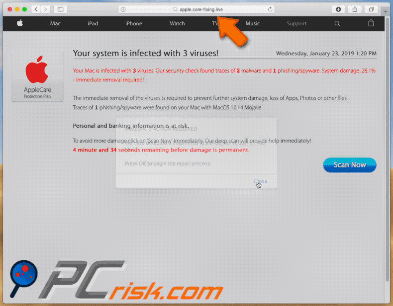Appearance of apple.com-fixing.live scam (GIF)