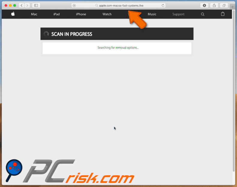 Appearance of apple.com-macos-fast-systems.live scam (GIF)