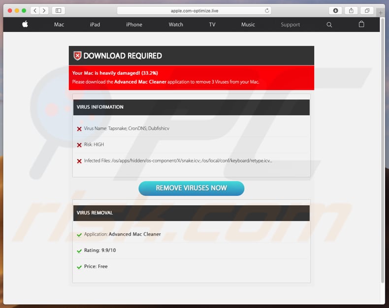 apple.com-optimize.live displaying fake scan results 