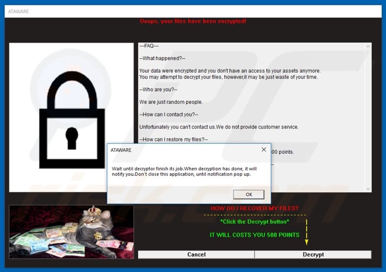 ataware pop-up window after clicking decrypt button