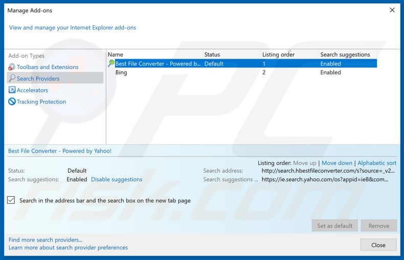 Removing search.hbestfileconverter.com from Internet Explorer default search engine