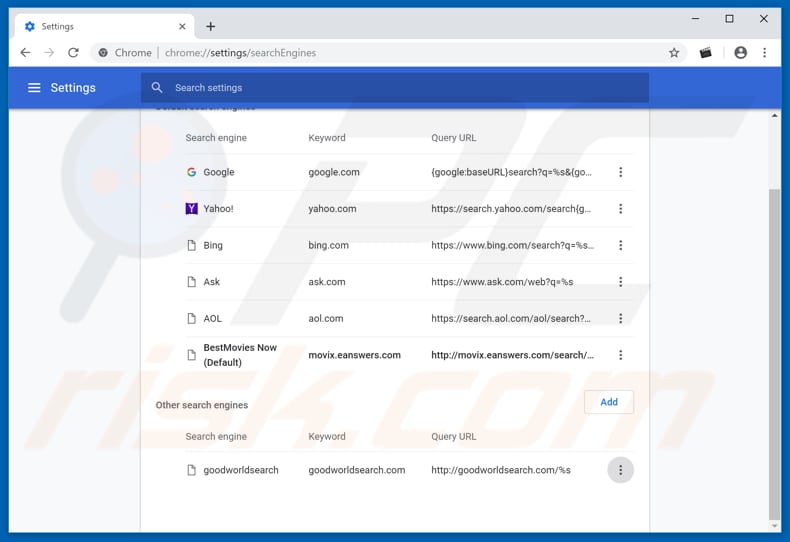 Removing movix.eanswers.com from Google Chrome default search engine