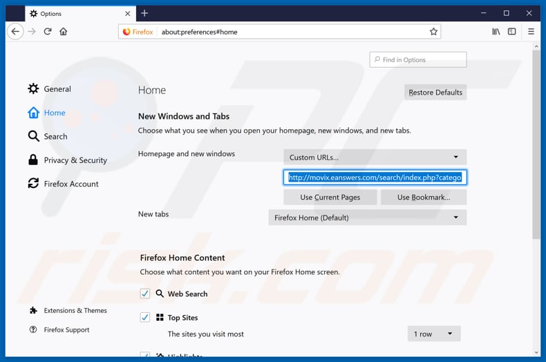 Removing movix.eanswers.com from Mozilla Firefox homepage