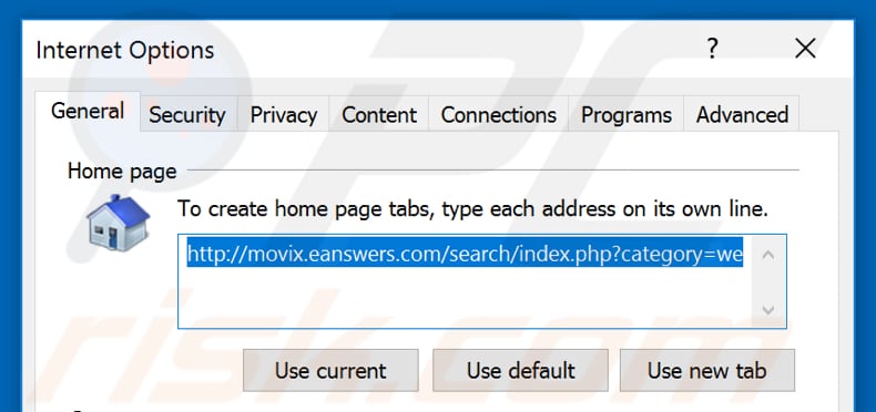 Removing movix.eanswers.com from Internet Explorer homepage