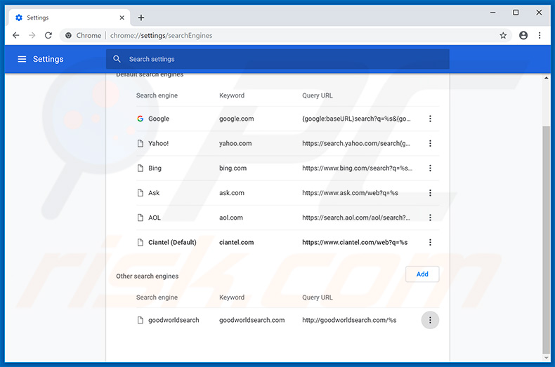 Removing ciantel.com from Google Chrome default search engine