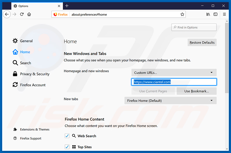 Removing ciantel.com from Mozilla Firefox homepage